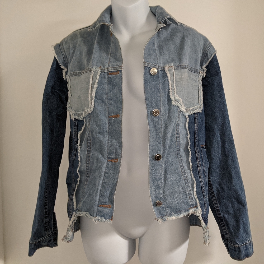 Denim Jean Jacket Patchwork Fringe Pockets Unique
